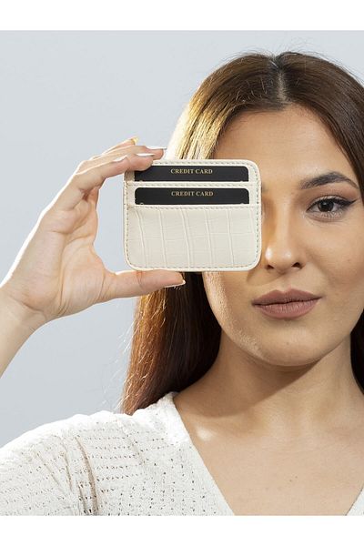 The Noir Leather Milano Croco Leather Ecru Women's Card Holder Wallet