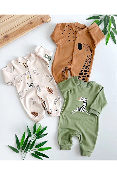 Skygo Erkek Bebek Safari Desenli Çorapsız 3’lü Tulum Seti