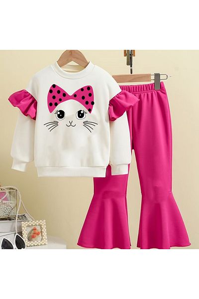 bebekpare Girl's Bottom Top Set Fuchsia Bandana Cat 100% Cotton Seasonal