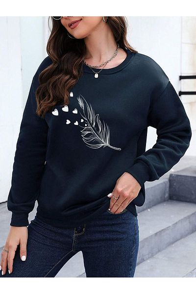 PALPİTO Women's Navy Blue Feather Heart Printed Crew Neck Oversize Sweatshirt