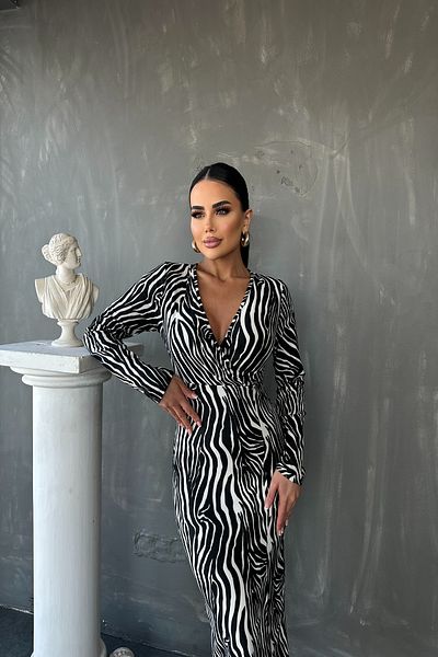 LİLA İSTANBUL Double Breasted Neckline Zebra Print Slit Detail Dress
