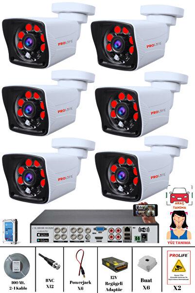 PROLİFE 6 Kameralı 5mp Lensli 1080p Fullhd Kamera Seti - Gece Görüşlü - Su Geçirmez - Cepten Izle