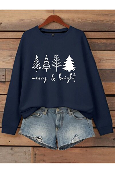 PALPİTO Γυναικείο φούτερ με λαιμόκοψη με λαιμόκοψη με στάμπα Navy Blue Merry ...