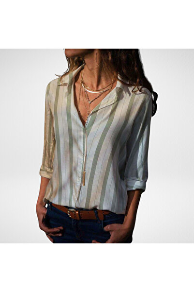 Moda Monisa Cămașă de damă | Țesătură elastică | Mold normal | Utilizare zilnică | Alb - cu dungi verzi