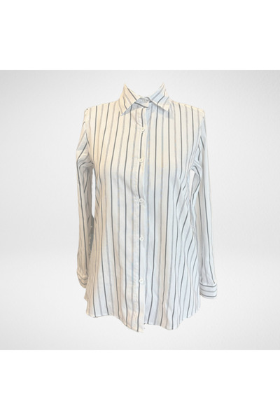 Moda Monisa Cămașă de damă cu dungi negru-gri pe alb | Flexibil din material tip stofă | Eleganță zilnică