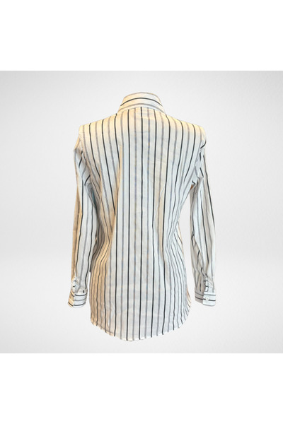 Moda Monisa Cămașă de damă cu dungi negru-gri pe alb | Flexibil din material tip stofă | Eleganță zilnică