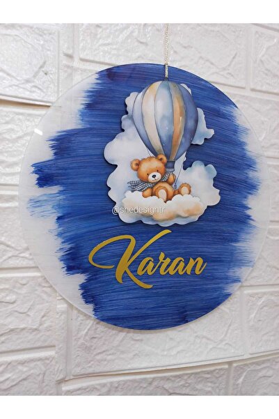 s'he design İsme Özel Şeffaf Pleksi Kapı Süsü – Erkek & Kız Bebek İçin Özel Tasarım Erkek Bebek Ayı Figür Mavi