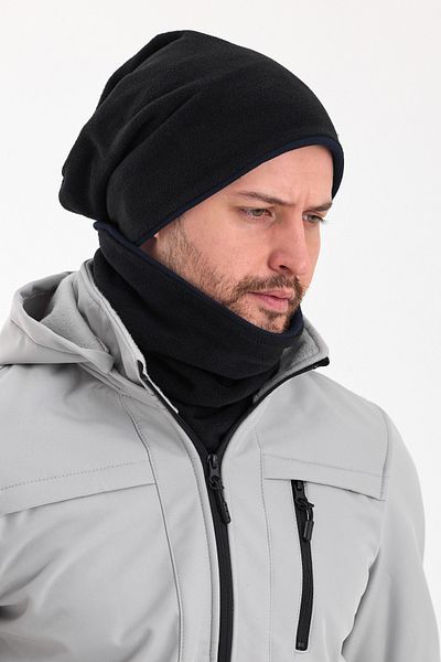 Butikgiz Men's Black Fleece - Navy Cotton, Double Color, Foldable Layer Beanie Neck Collar Set