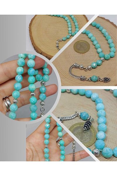 Yasamtohumu Amazonite Stone Top Segment Facet Cut 33' Locket Prayer Beads 8mm (42525)