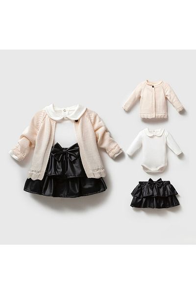 Nipperland Baby Girl Triple Set with Leather Skirt, Badi and Knitwear Cardigan