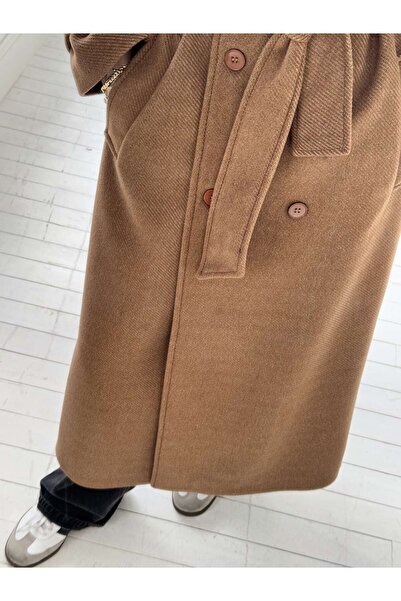 Mevra Μακρύ καφέ υφήματος παλτό με υφή καστανό