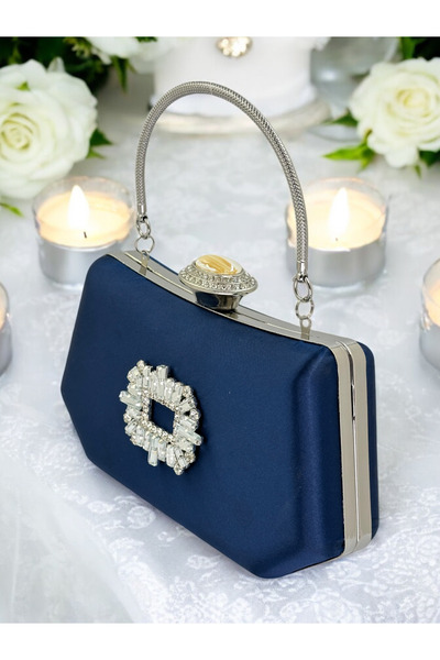 Biçanta Geantă elegantă de culoare albastru marin, cu pietre de cristal argin...