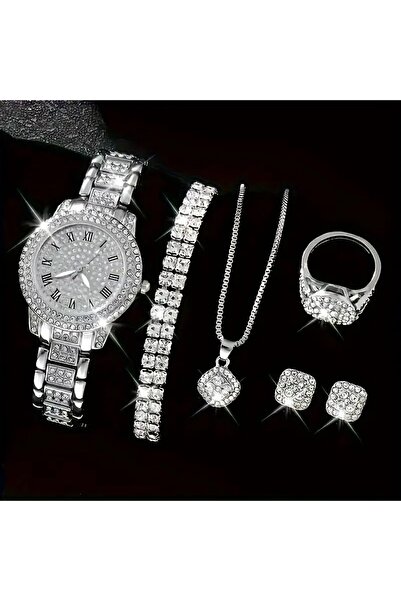 Mumicemum Elegant Saat ile Kolye+Küpe+Yüzük+Bileklik 6 parça Takı Seti