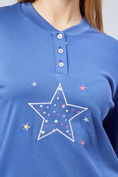 M MOONCOVER Mooncover Kadın Mevsimlik Pamuklu Pijama Takımı – Nakışlı Mavi