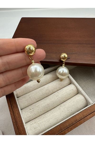 Jerie Gold Ball Detail Dangle Pearl Earring