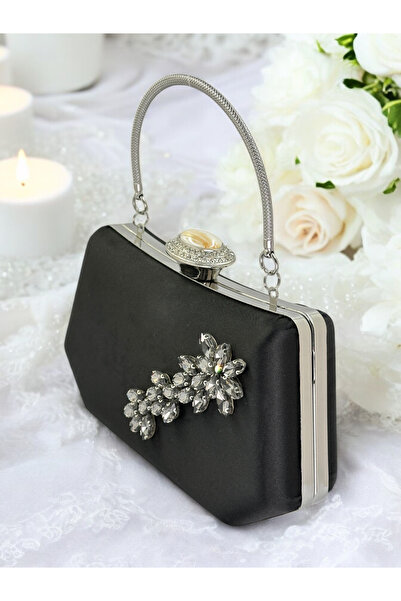 Biçanta Geantă elegantă neagră cu pietre de cristal și mâner metalic, design ...