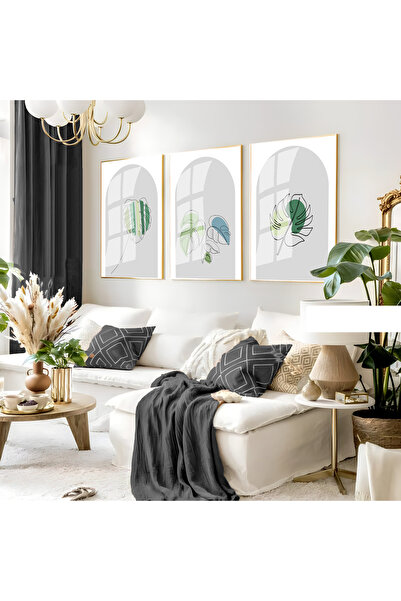 Harika bir ev Hari̇kabi̇rev | Gray-Green Minimalist Leaf Set 01 | Framed Glas...
