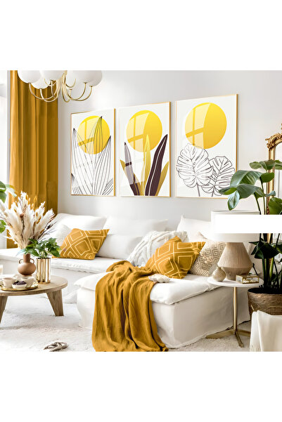 Harika bir ev Hari̇kabi̇rev | Yellow-Grey Leaf Bohemian Set | Framed Glass Ta...