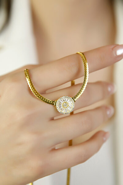 SARIASLAN Baget Taşlı İtalyan Yassı Kalın Zincir Gümüş Kolye Gold Renk