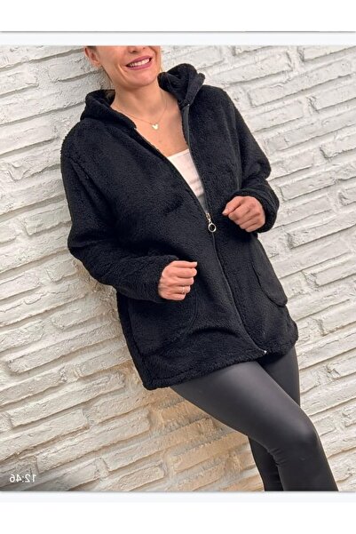 Velvet سترة نسائية بأكمام طويلة وجيب وغطاء للرأس وسحاب من القطيفة