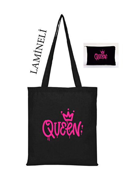 Boom town Queen Μαύρη υφασμάτινη τσάντα Μακιγιάζ Τσάντα Πορτοφόλι Σετ στυλό 2...