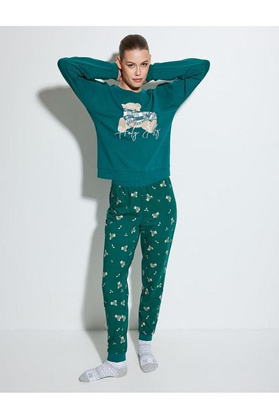 Koton Cotton Comfortable Fit Teddy Bear Printed Knitted Pajamas Set