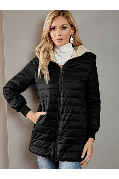 COjans Women's Long Sleeve Hooded Pocket Detailed Zippered Medium Length Coat