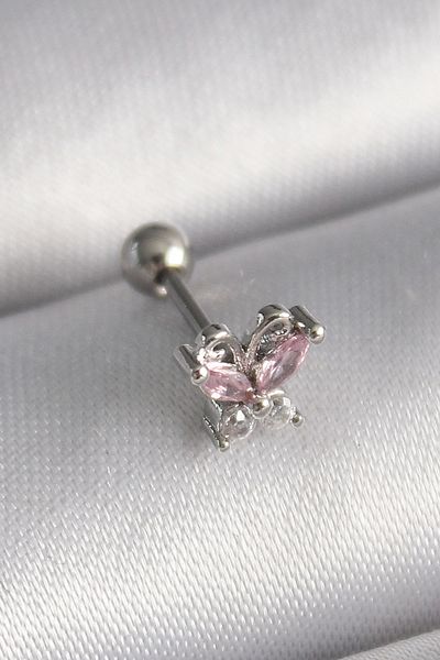 Clariss 316L Steel Silver Color Pink Zircon Stone Butterfly Tragus Piercing