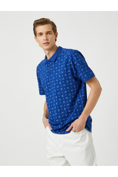 Koton Polo Neck T-Shirt Buttoned Slim Fit Shawl Print Detailed Cotton