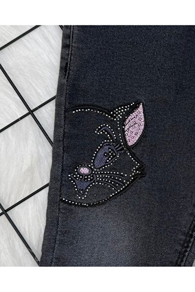 Yollo Kids Kız Çocuk Taşlı Kedi Desenli Kot Pantolon
