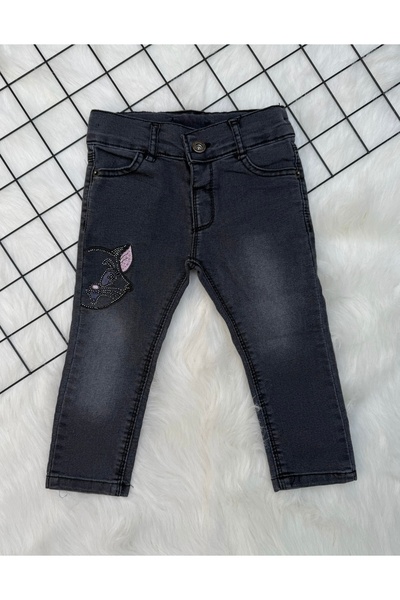 Yollo Kids Kız Çocuk Taşlı Kedi Desenli Kot Pantolon