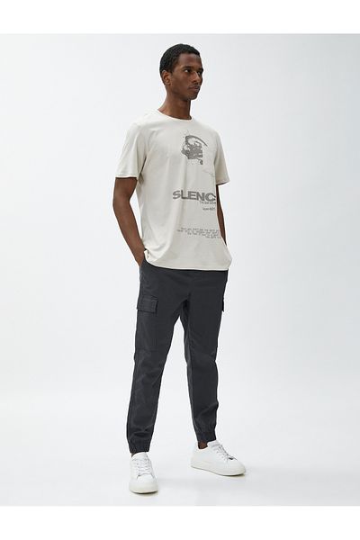 Koton Slogan Printed T-Shirt with Pocket Detail Crew Neck Short Sleeve