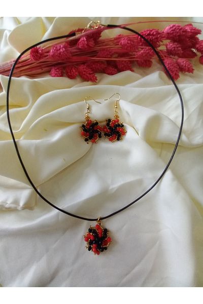 İPAR AKSESUAR Red Black Hand Embroidery Design Necklace Earring Set