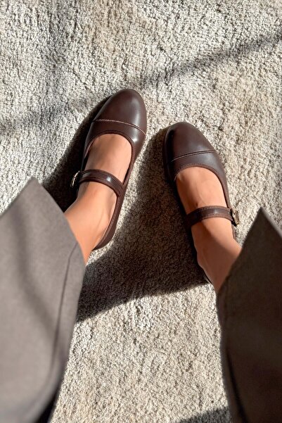 NİŞANTAŞI SHOES Jordy Brown Matte Belt Detailed Flat Sole Dámské baleríny