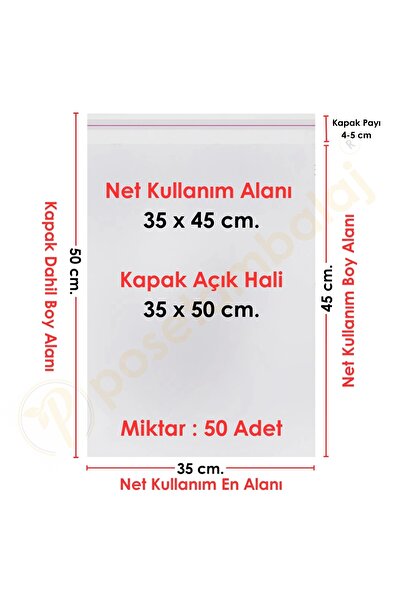 CarpCorn 35x45+5 cm. (35*50) 50 Adet - Şeffaf Bantlı Yapışkanlı Jelatin Poşet