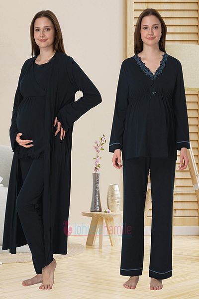 lohusahamile Navy Blue Lace Detailed Maternity Pajamas Set with Dressing Gown