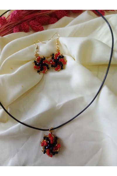 İPAR AKSESUAR Red Black Hand Embroidery Design Necklace Earring Set