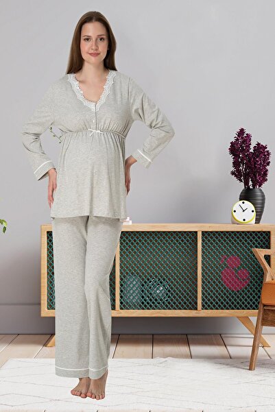 lohusahamile Siva melange Čipka detaljna trudnička pidžama set od Pamuk komada