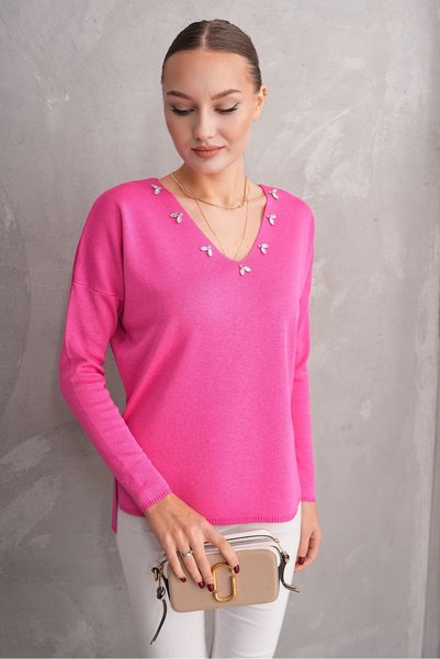 Butik Ayseba Kadın V Yaka Taşlı Triko Kazak