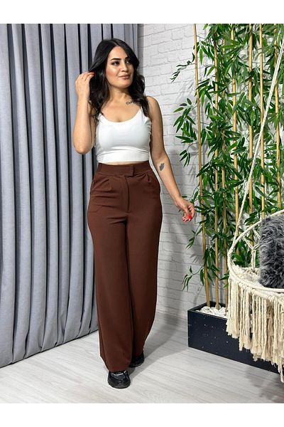 Aysel Boutiquee Παντελόνι Palazzo με φαρδύ πόδι από ύφασμα Velcro Crep Bitter Brown
