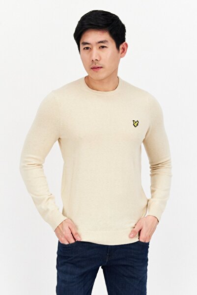 Lyle & Scott سترة رجالية مطرزة بشعار بأكمام طويلة وياقة دائرية، لون بيج