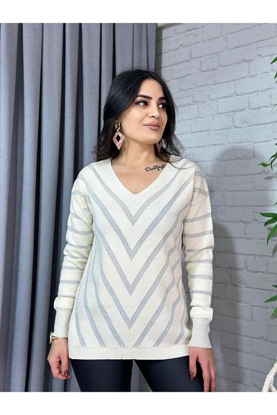 Aysel Boutiquee White Glitter Stripe V-Neck Knitwear Sweater