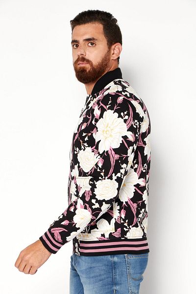 INC Men Floral Print Bomber Jacket, Black Combo