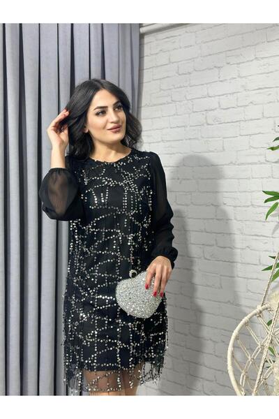 Aysel Boutiquee Siyah Pul Detaylı  Astarlı Kol Tül Elbise