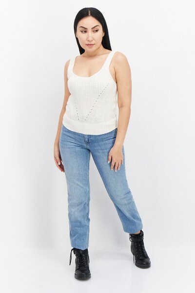 Brave Soul Women Scoop Neck Sleeveless Knitted Crop Top, Ivory