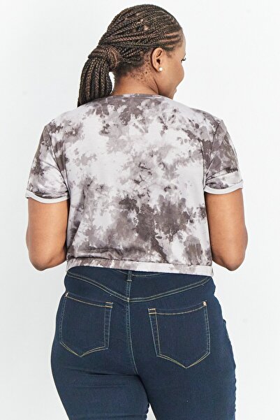 Bar III Women Round Neck Cuffed Sleeve Tie Dye Cropped Top, Grey