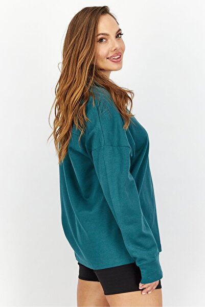 Tchibo Women Spread Collar Plain Loungewear Sweatshirt, Dark Green