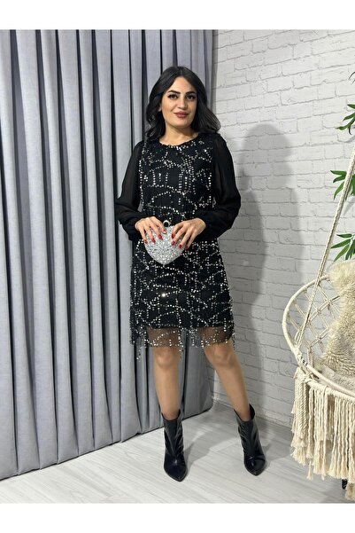 Aysel Boutiquee Siyah Pul Detaylı  Astarlı Kol Tül Elbise