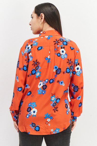 Juicy Couture Women Spread Collar Long Sleeve Floral Print Blouse, Red Combo