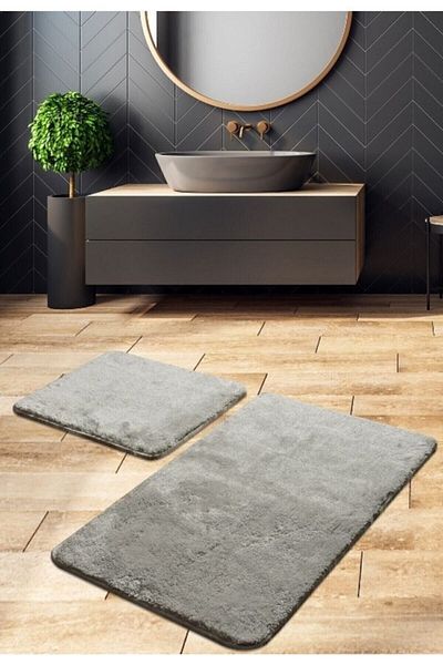 Sarar Set of 2 Plush Gray Bath Mat - Non-Slip Base, 100X60/60X50 cm